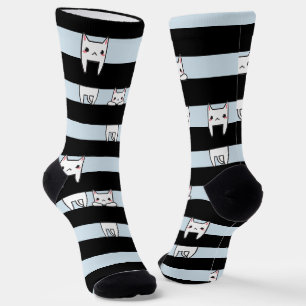 Cute Climbing Cats on Black and Blue Stripes Socks