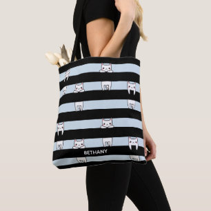 Cute Climbing Cats on Black and Blue Stripes Tote  Bag