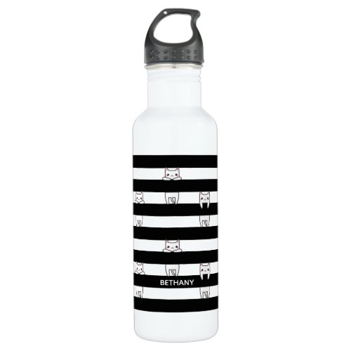 Cute Climbing Cats on Black and White Stripes Stainless Steel Water Bottle