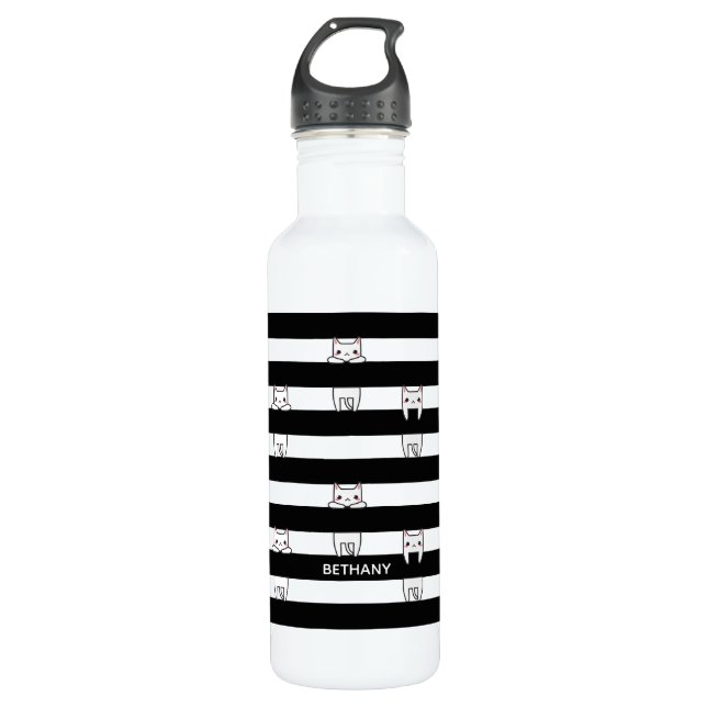 Cute Climbing Cats on Black and White Stripes Stainless Steel Water Bottle (Front)