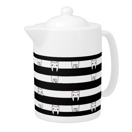 Cute Climbing Cats on Black and White Stripes Teapot