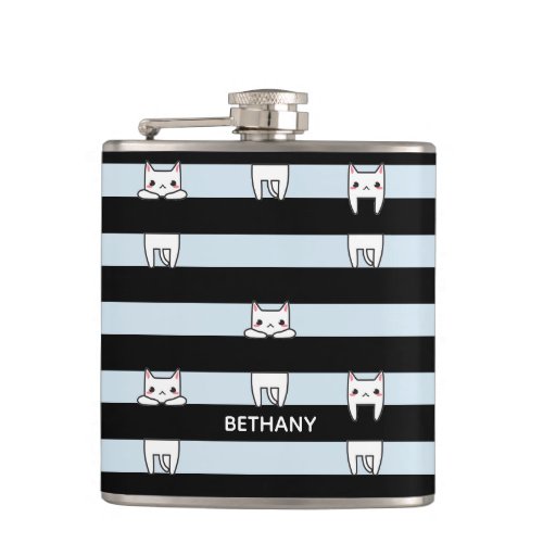 Cute Climbing Cats on Striped Personalised Flask