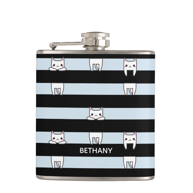 Cute Climbing Cats on Striped Personalised Flask (Front)