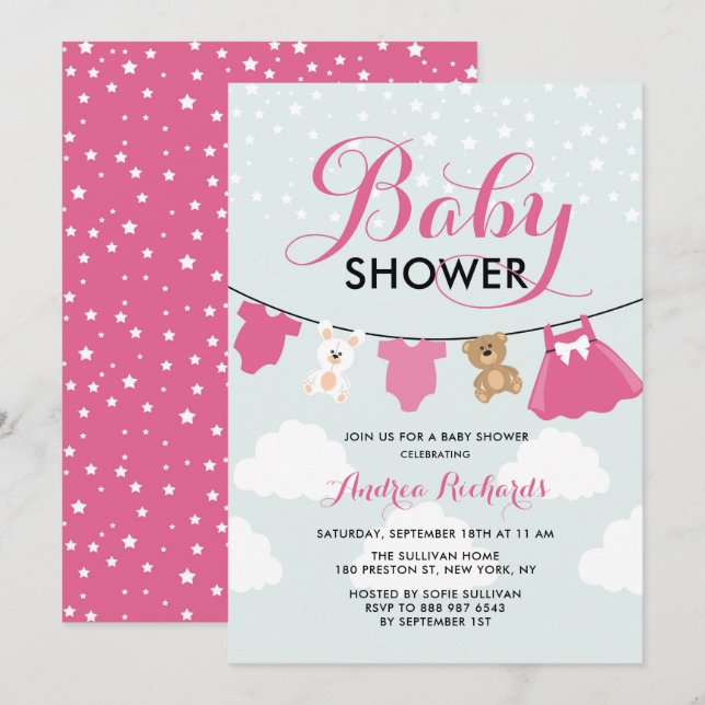 Cute Clothes Line Pink It's a Girl Baby Shower Invitation (Front/Back)