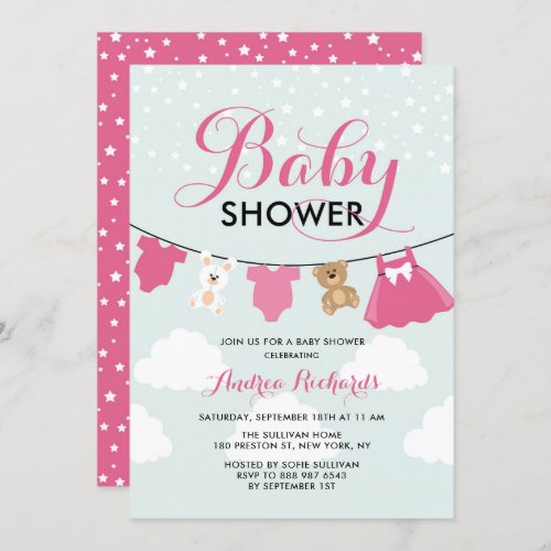 Cute Clothes Line Pink Its a Girl Baby Shower Invitation