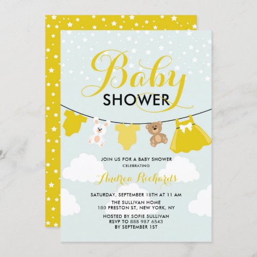 Cute Clothes Line Yellow Its a Girl Baby Shower Invitation