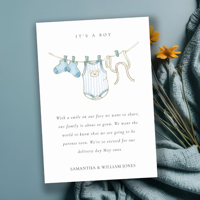 Cute Clothesline Aqua Blue Baby Announcement (Creator Uploaded)