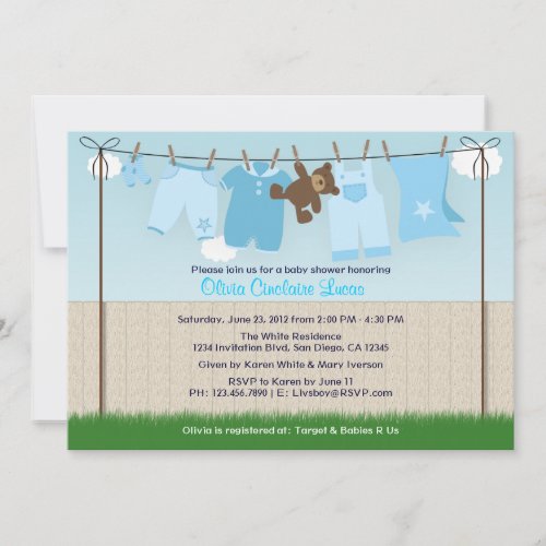 Cute Clothesline Baby Boy Modern Baby Shower Custom Announcements