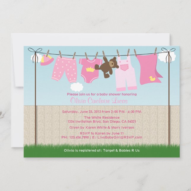 Cute Clothesline Baby Girl Modern Baby Shower Invitation (Front)