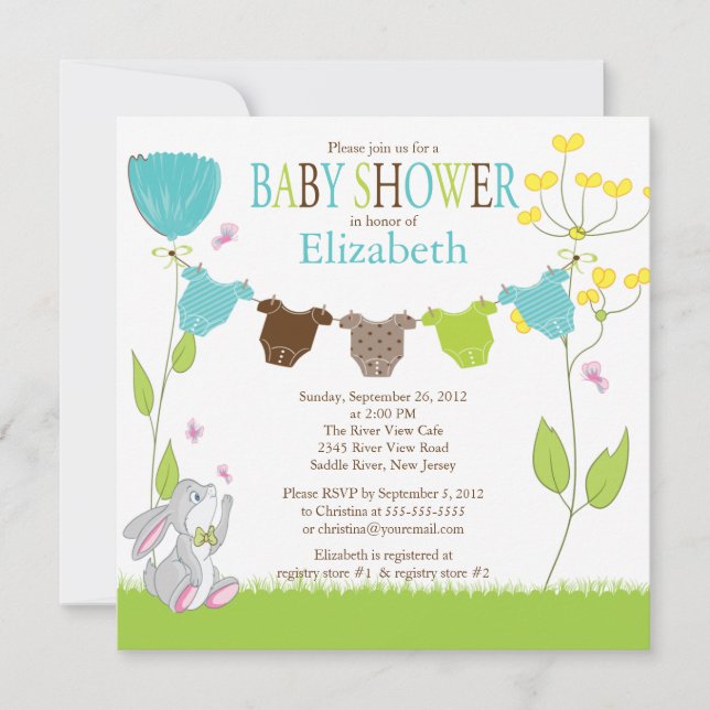Cute Clothesline Boy Baby Shower Invitations (Front)