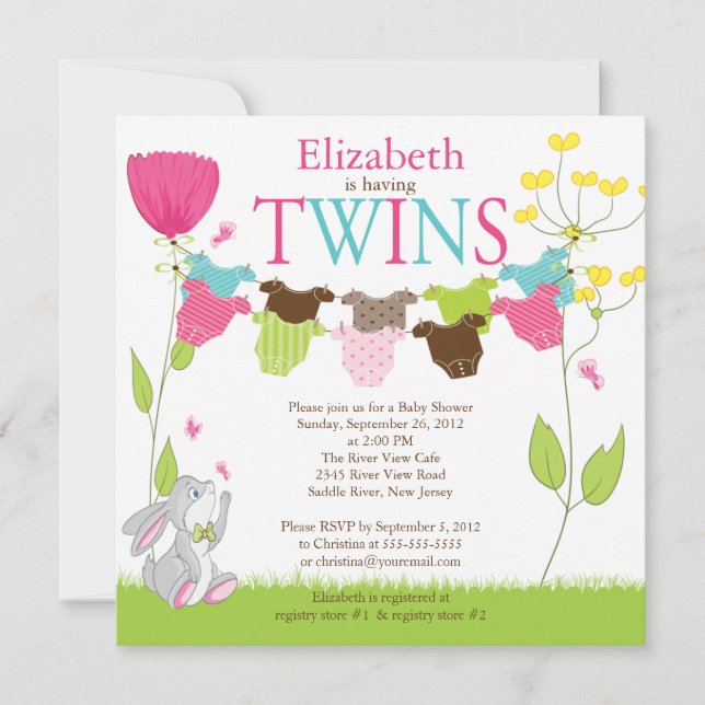 Cute Clothesline Multiple Baby Shower Invitations (Front)