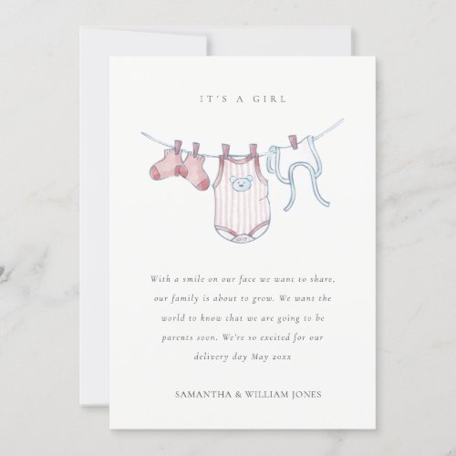 Cute Clothesline Pink Blush Girl Baby Announcement