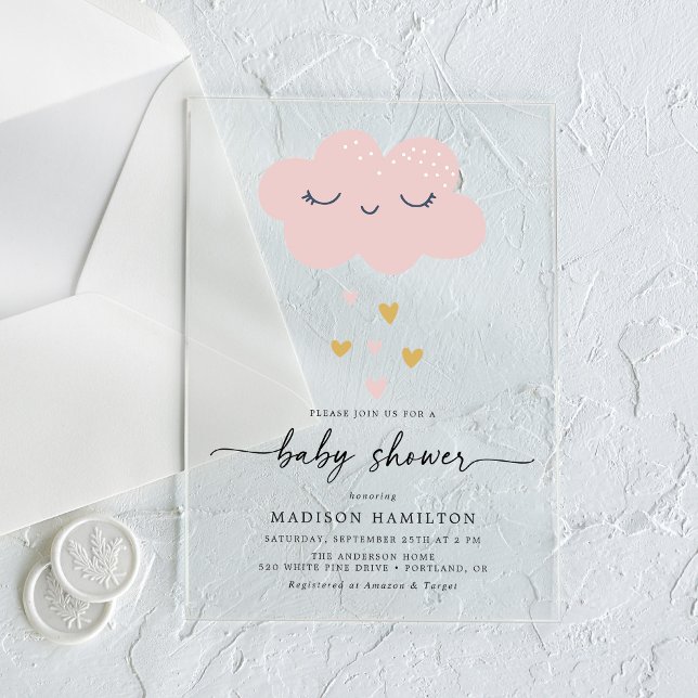 Cute Cloud and Hearts Pink and Gold Baby Shower Acrylic Invitations (Creator Uploaded)