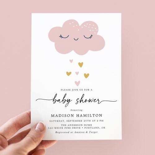 Cute Cloud and Hearts Pink and Gold Baby Shower Invitation