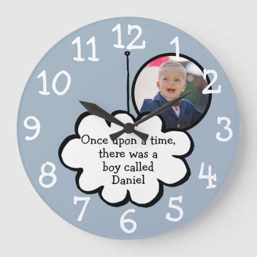 Cute Cloud on a String Personalized Photo Blue Large Clock