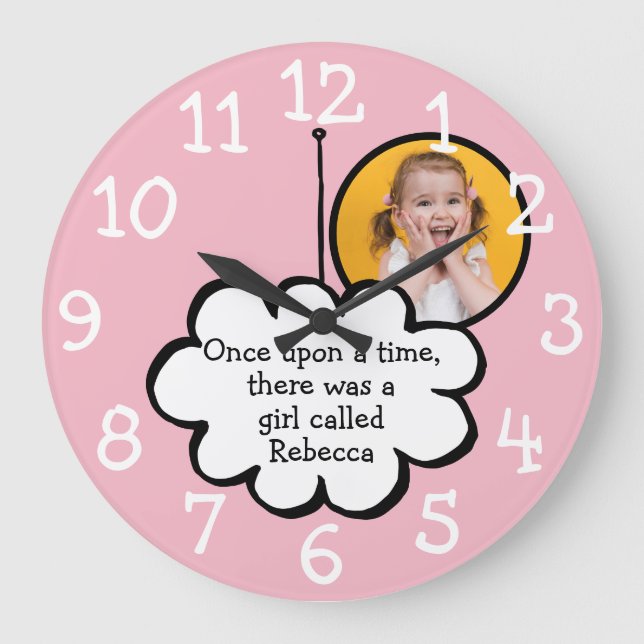 Cute Cloud on a String Personalized Photo Pink Large Clock (Front)