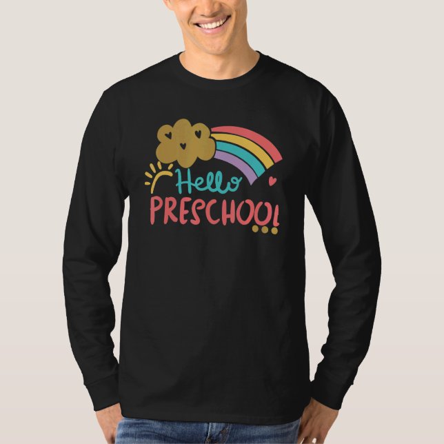 Cute Cloud Rainbow Hello Preschool Teacher Back To T-Shirt (Front)
