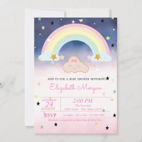 Cute Cloud Rainbow Stars Ombre Baby Shower Invitation