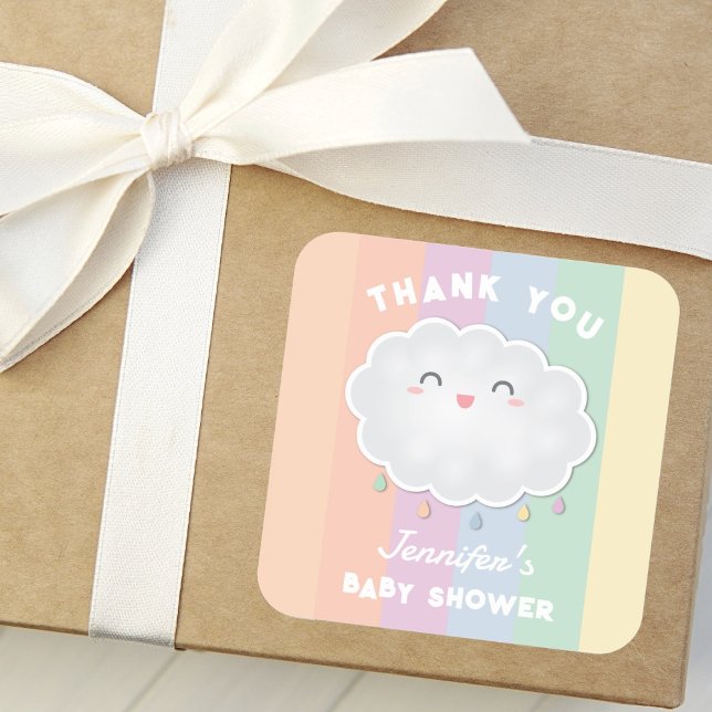 Cute Cloud Raindrops Rainbow Baby Shower Thank You Square Sticker (Creator Uploaded)