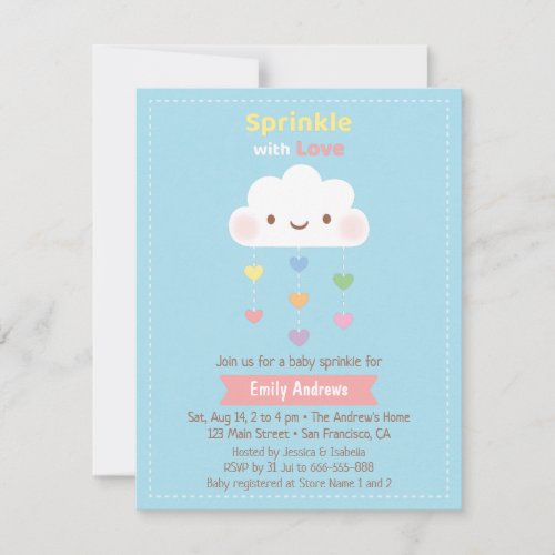 Cute Cloud Sprinkle Rainbow Hearts Baby Shower Invitation