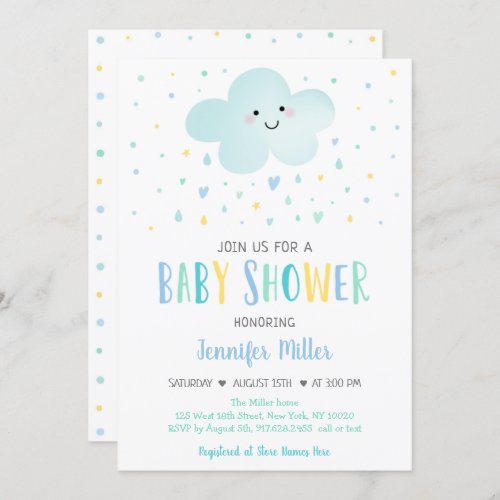 Cute Cloud Stars Blue Baby Shower Invitation