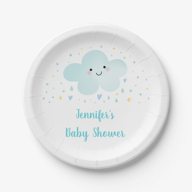 Cute Cloud Stars Blue Baby Sprinkle Paper Plates (Front)