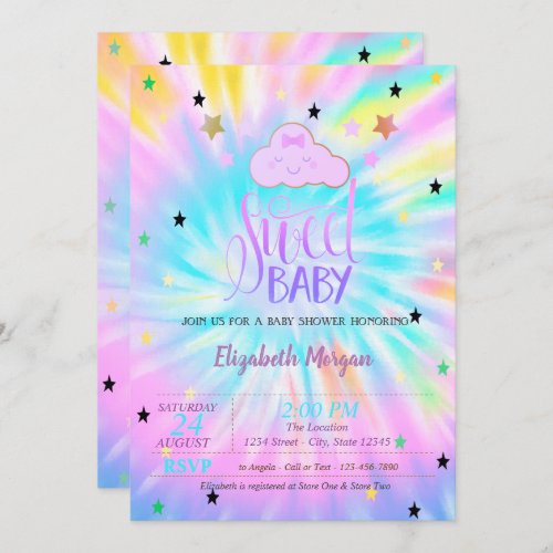 Cute CloudStarsSweet Baby Tie Dye Baby Shower Invitation