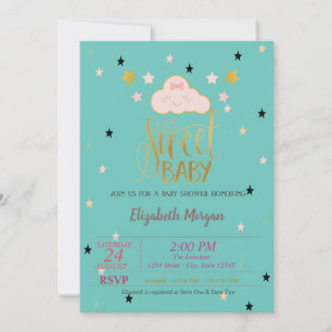 Cute Cloud,Stars,Sweet Mint Green Baby Baby Shower Invitation