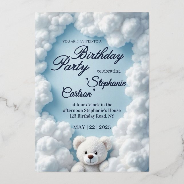 Cute Cloud & Teddy Bear Birthday Invitation Foil Invitation (Front)