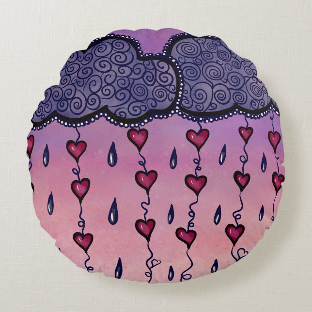 Cute clouds and hearts art round pillow (Front)