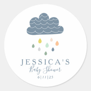 Cute Clouds and Raindrops in Blue Baby Shower Classic Round Sticker