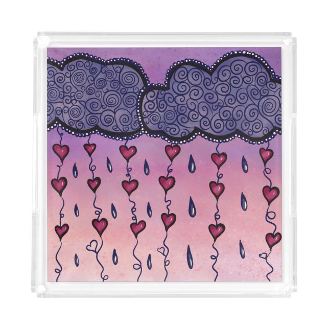 Cute clouds, hearts and raindrops acrylic tray (Front)