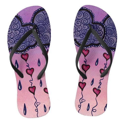 Cute clouds hearts and raindrops flip flops