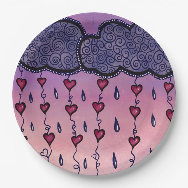 Cute clouds, hearts and raindrops paper plates (Front)