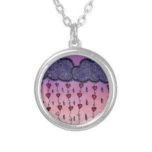 Cute clouds, hearts and raindrops silver plated necklace