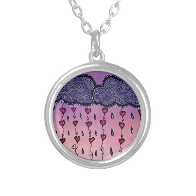 Cute clouds, hearts and raindrops silver plated necklace (Front)