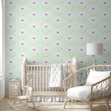 Cute Clouds w. Rainbow Stars Pastel Green Nursery