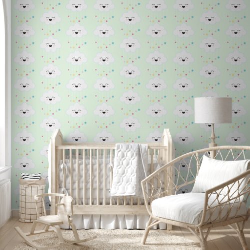 Cute Clouds w Rainbow Stars Pastel Green Nursery Wallpaper