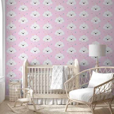 Cute Clouds w. Rainbow Stars Pastel Pink Nursery