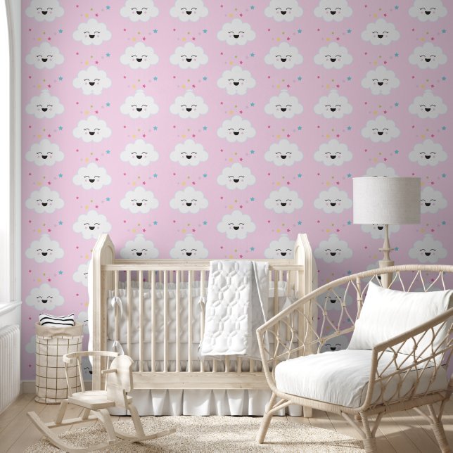 Cute Clouds w. Rainbow Stars Pastel Pink Nursery Wallpaper (Kids)