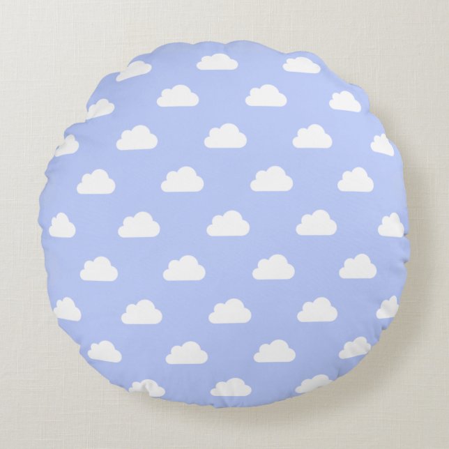Cute Clouds White on Blue Round Pillow (Front)