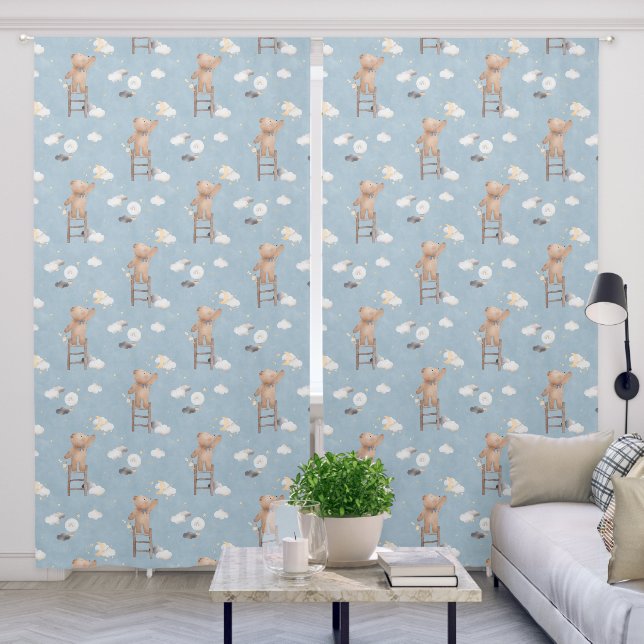 Cute Cloudy Blue Teddy Bear Reaching Stars Nursery Blackout Curtains (Living Room)