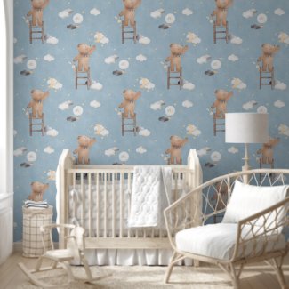 Cute Cloudy Blue Teddy Bear Reaching Stars Nursery