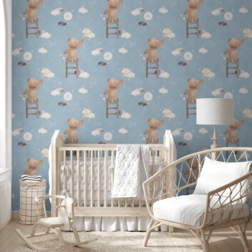 Cute Cloudy Blue Teddy Bear Reaching Stars Nursery Wallpaper