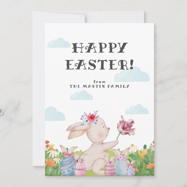 Cute Cloudy Light Blue Easter Bunny Holiday Card (Front)