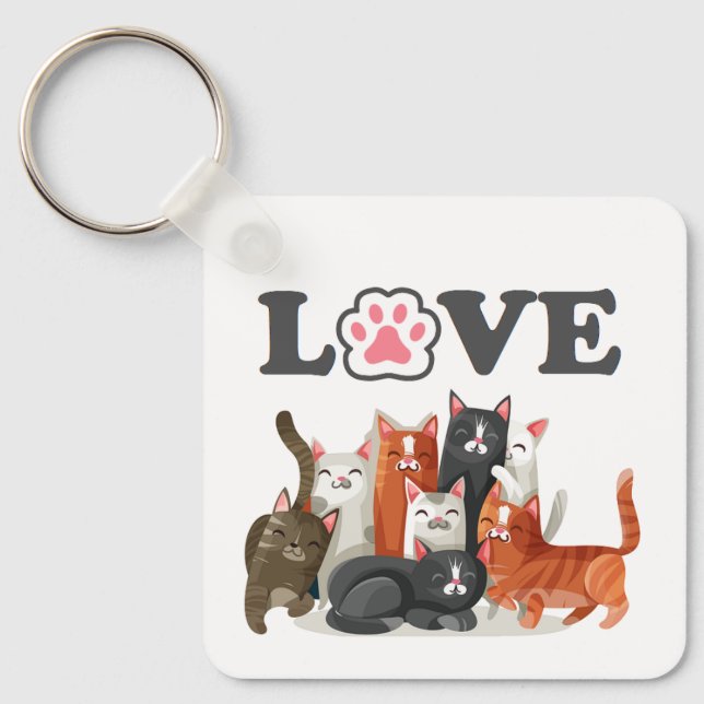 Cute Clowder of Cats Illustration with LOVE Keychain (Front)