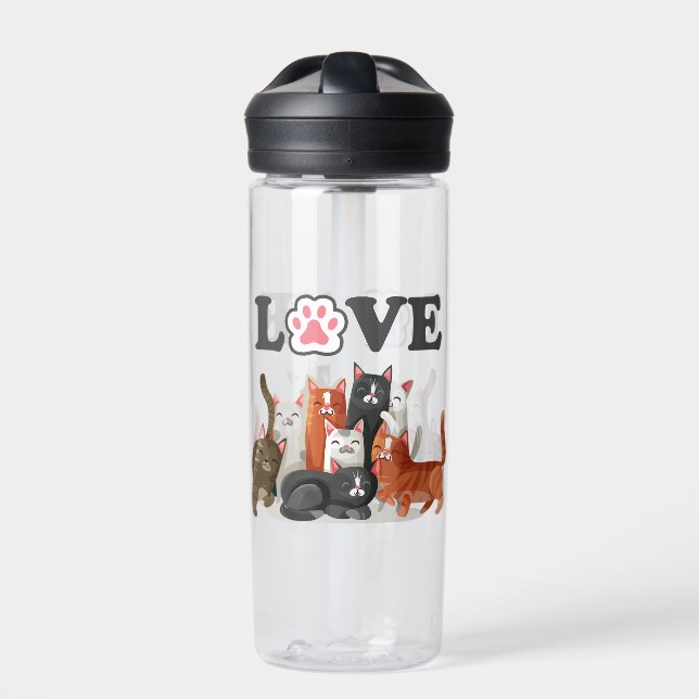 Cute Clowder of Cats Illustration with LOVE Water Bottle (Front)