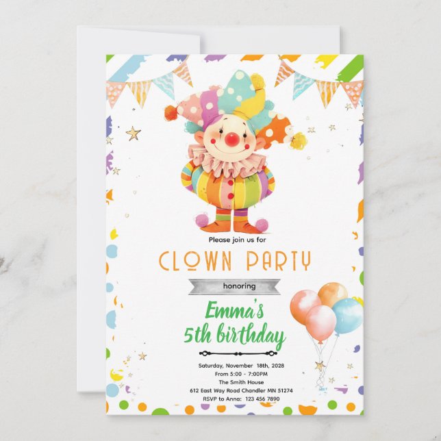 Cute clown birthday party invitation (Front)