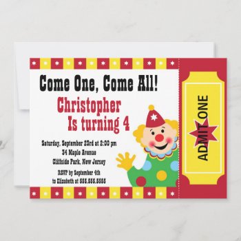 Cute Clown Circus Birthday Party Invitations by alleventsinvitations at Zazzle