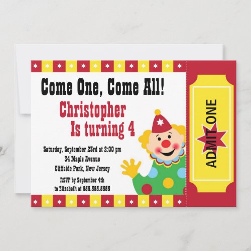 Cute Clown Circus Birthday Party Invitations